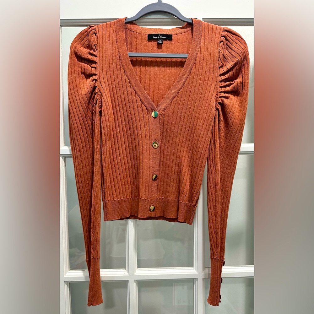Love Tree Terracotta Ribbed Cardigan in Burnt Orange - Size Medium